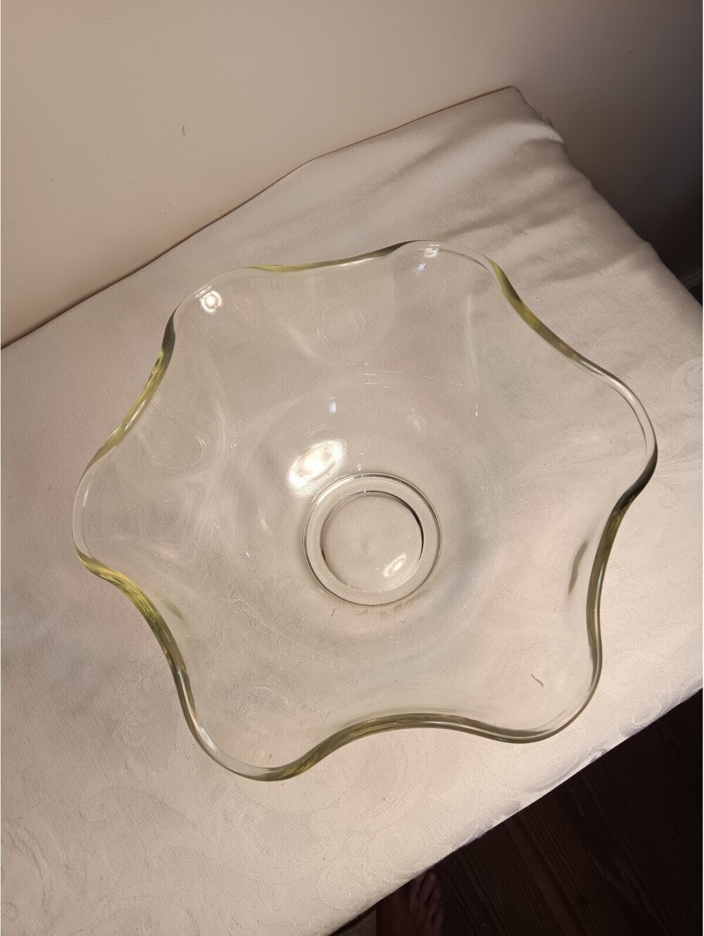 Vintage Pressed Clear Glass Serving Bowl with Ruffled Wavy Rim and Tiered 10 In